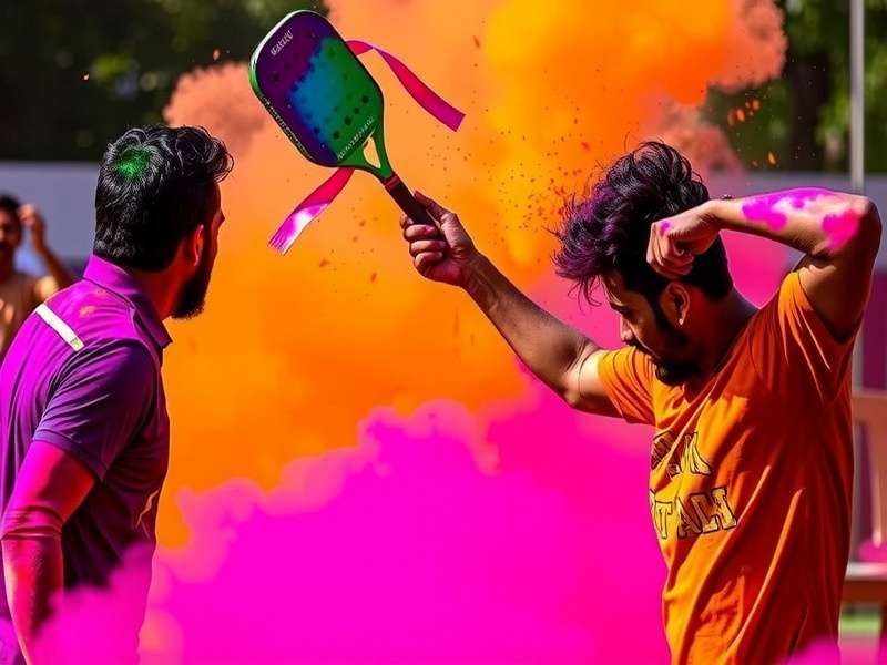 Racket Rage Holi Color Clash event with players covered in gulal